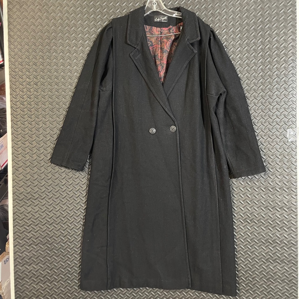 Vintage Lady Suzette Andover Black Wool Long Coat Paisley Lining‎ Made in USA XL